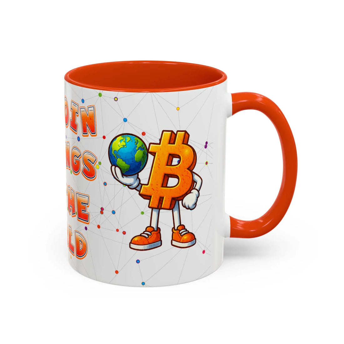 Side view of the 11oz orange Bitcoin Belongs To The World mug, showcasing the inclusive open source network.