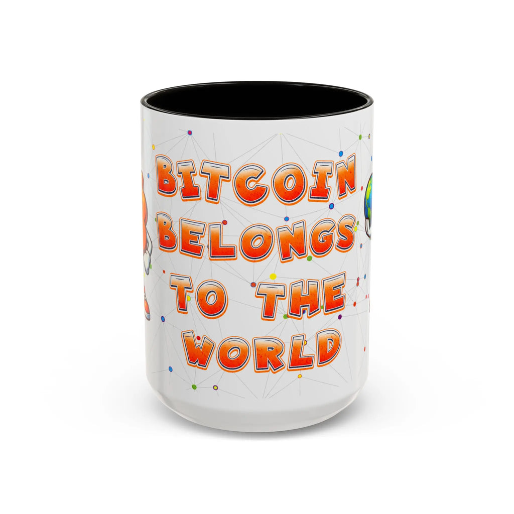 Front view of the large 15oz black Bitcoin Belongs To The World mug for global adoption advocates.
