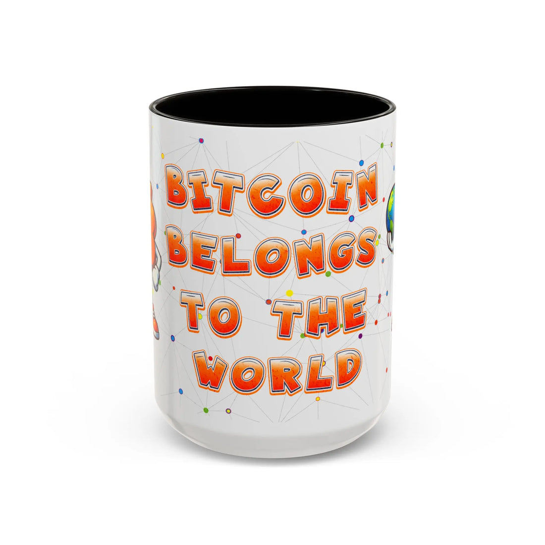 Front view of the large 15oz black Bitcoin Belongs To The World mug for global adoption advocates.