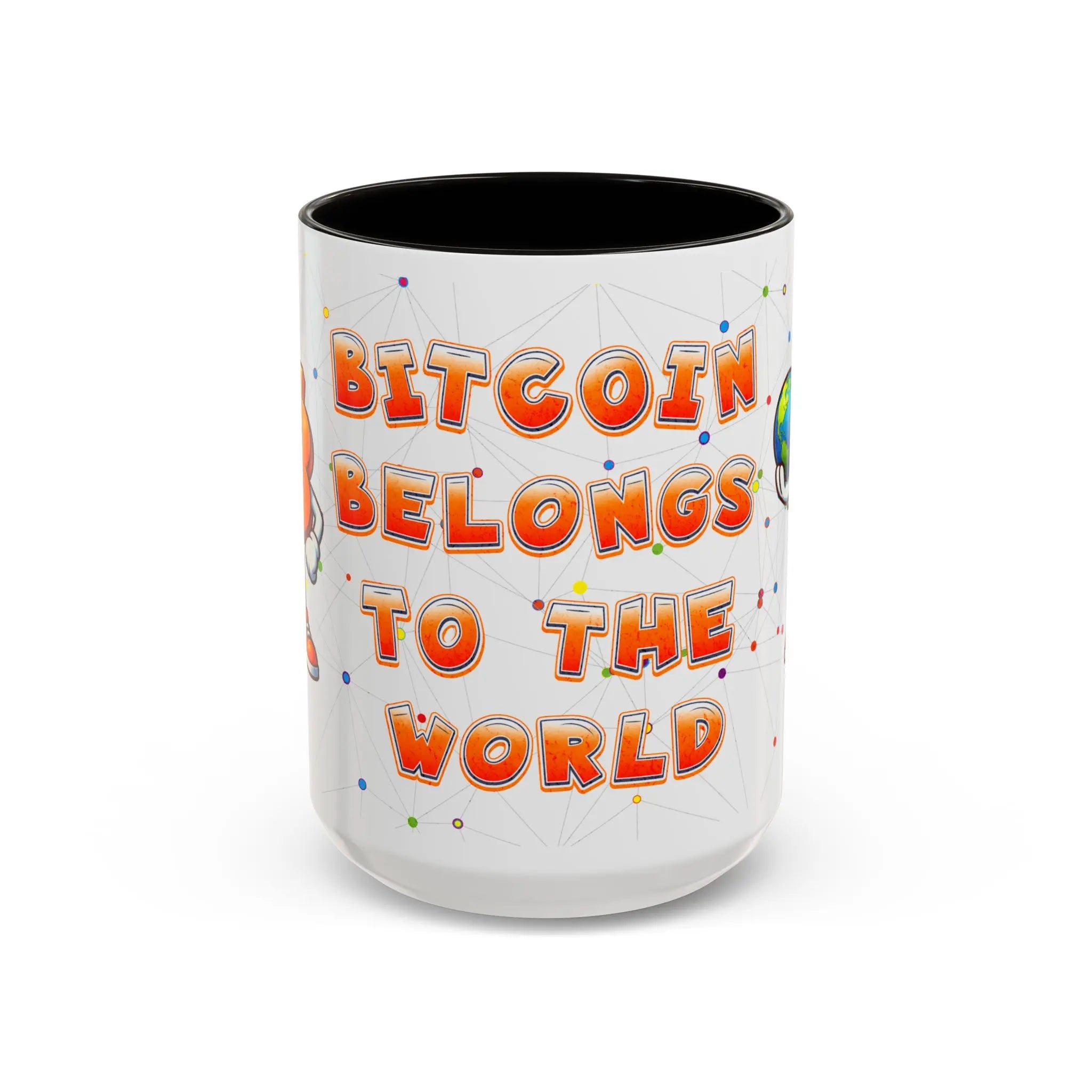Front view of the large 15oz black Bitcoin Belongs To The World mug for global adoption advocates.