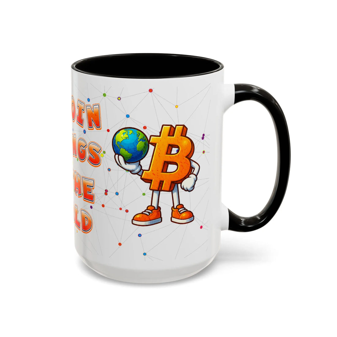 Side profile of the 15oz black Bitcoin Belongs To The World mug, sharing the message of decentralized money.