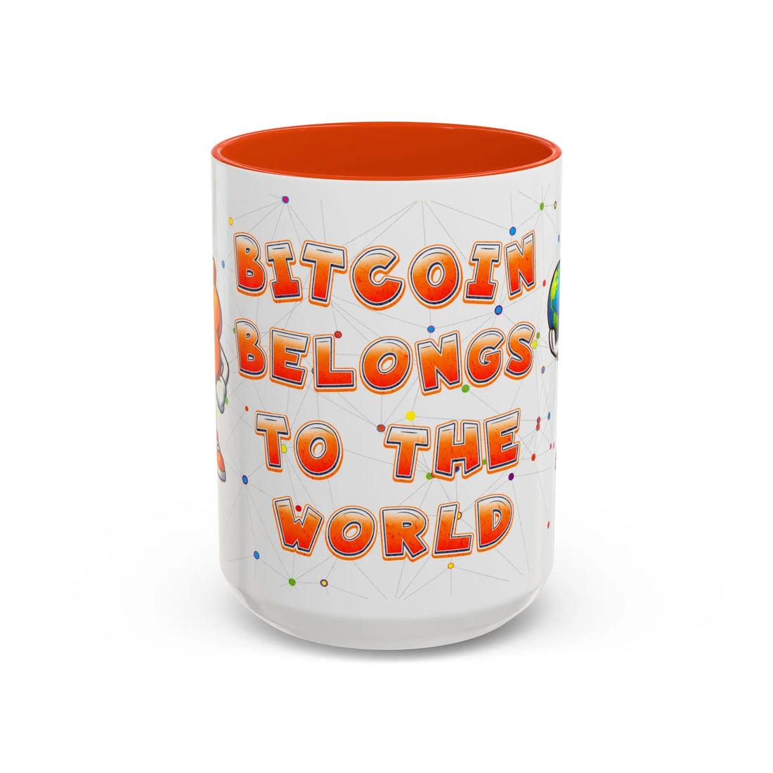 Front view of the 15oz orange Bitcoin Belongs To The World mug to fuel your everyday maximalist journey.