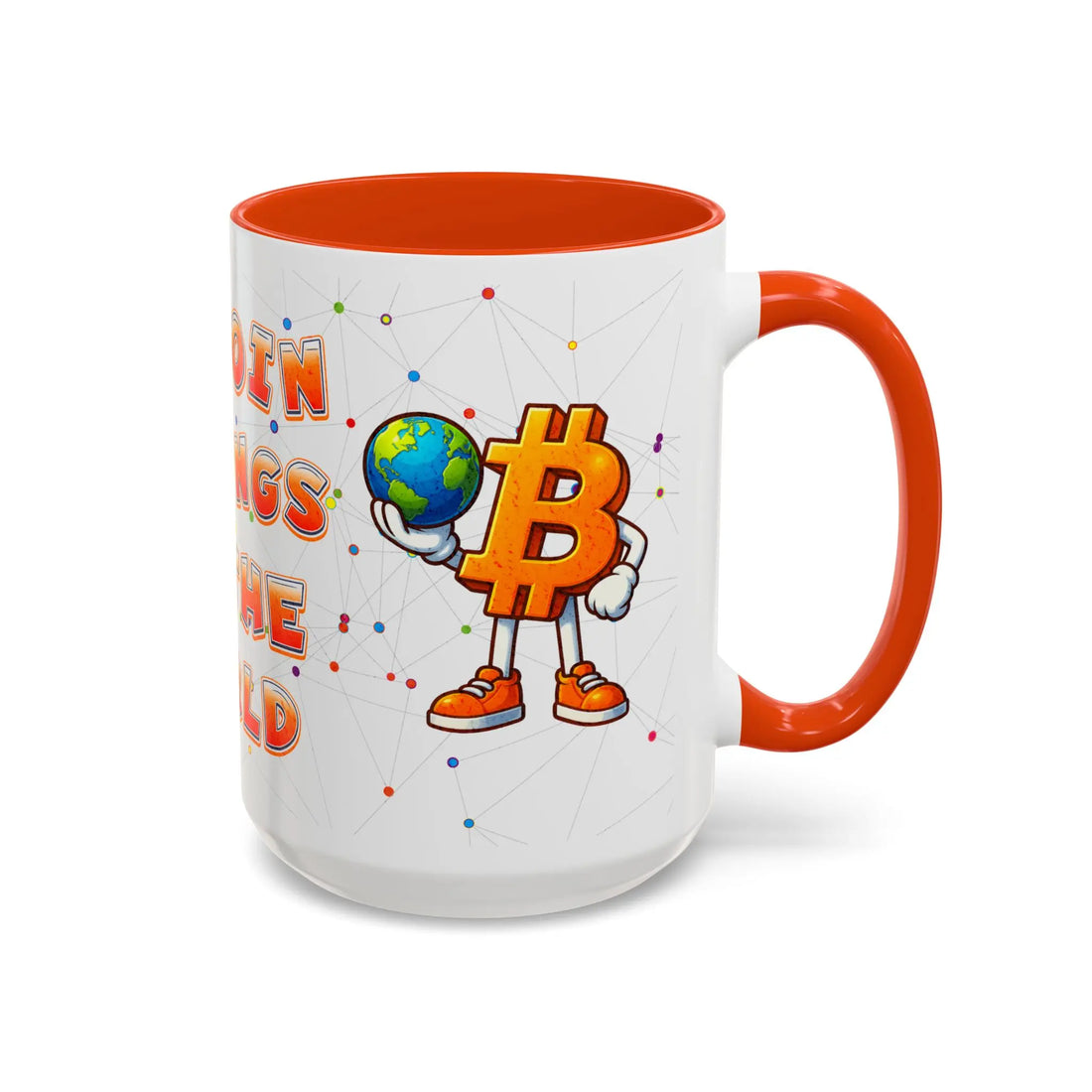 Side profile of the 15oz orange Bitcoin Belongs To The World mug, a daily reminder of a borderless economy.