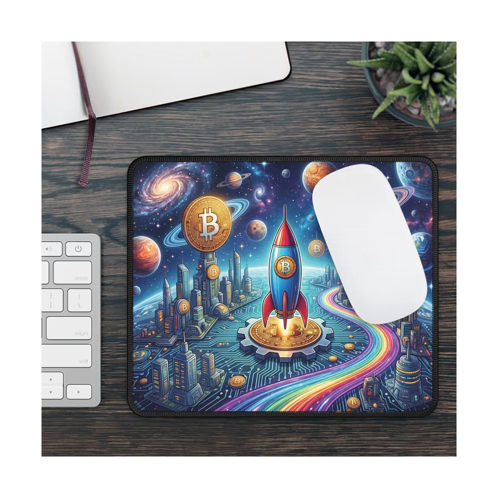 Bitcoin Beyond Borders Mouse Pad on a dark wood desk with a white mouse and keyboard