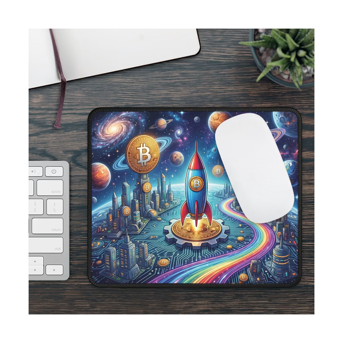 Bitcoin Beyond Borders Mouse Pad on a dark wood desk with a white mouse and keyboard