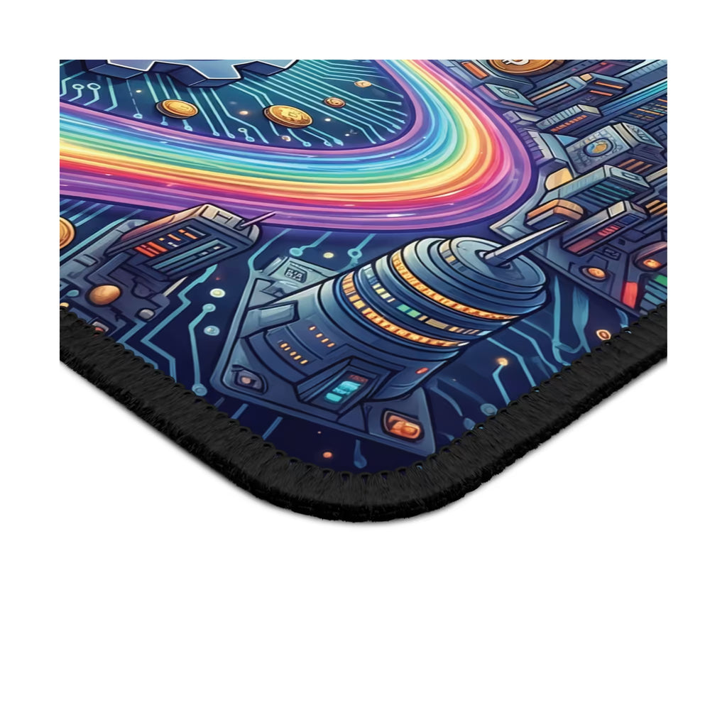 Close-up of Bitcoin Beyond Borders Mouse Pad showing futuristic city artwork, circuit patterns, colorful pathway, and black stitched edge