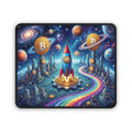 Bitcoin Beyond Borders Mouse Pad with futuristic city, rocket, planets, circuit board landscape, and Bitcoin symbols