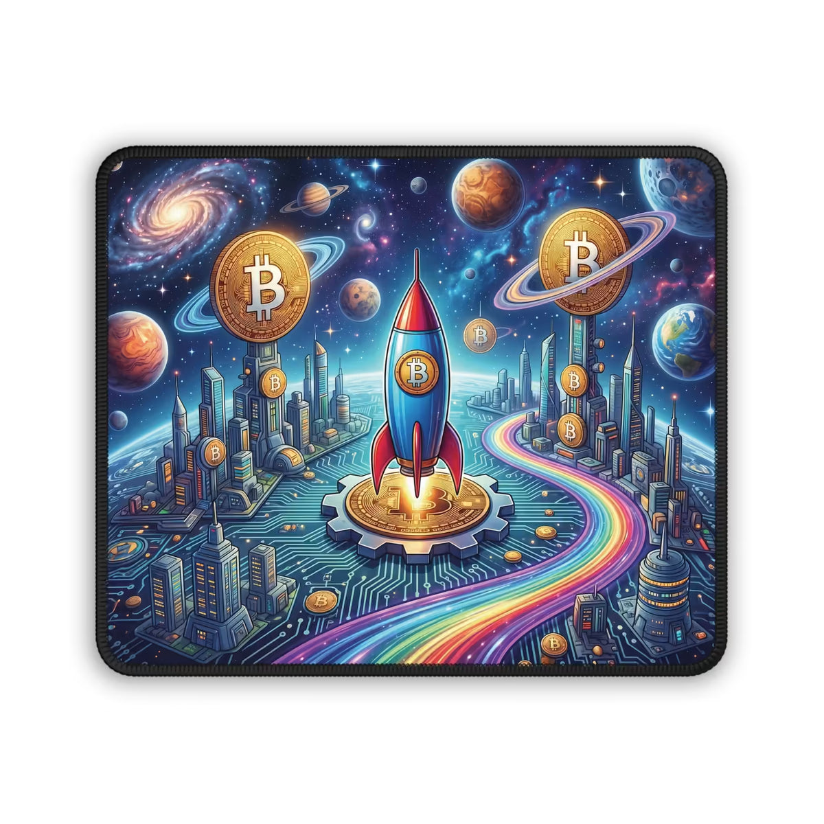 Bitcoin Beyond Borders Mouse Pad with futuristic city, rocket, planets, circuit board landscape, and Bitcoin symbols