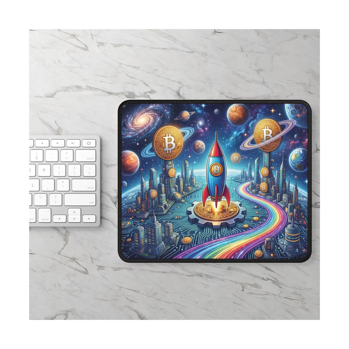 Bitcoin Beyond Borders Mouse Pad displayed on a light marble desk beside a white keyboard