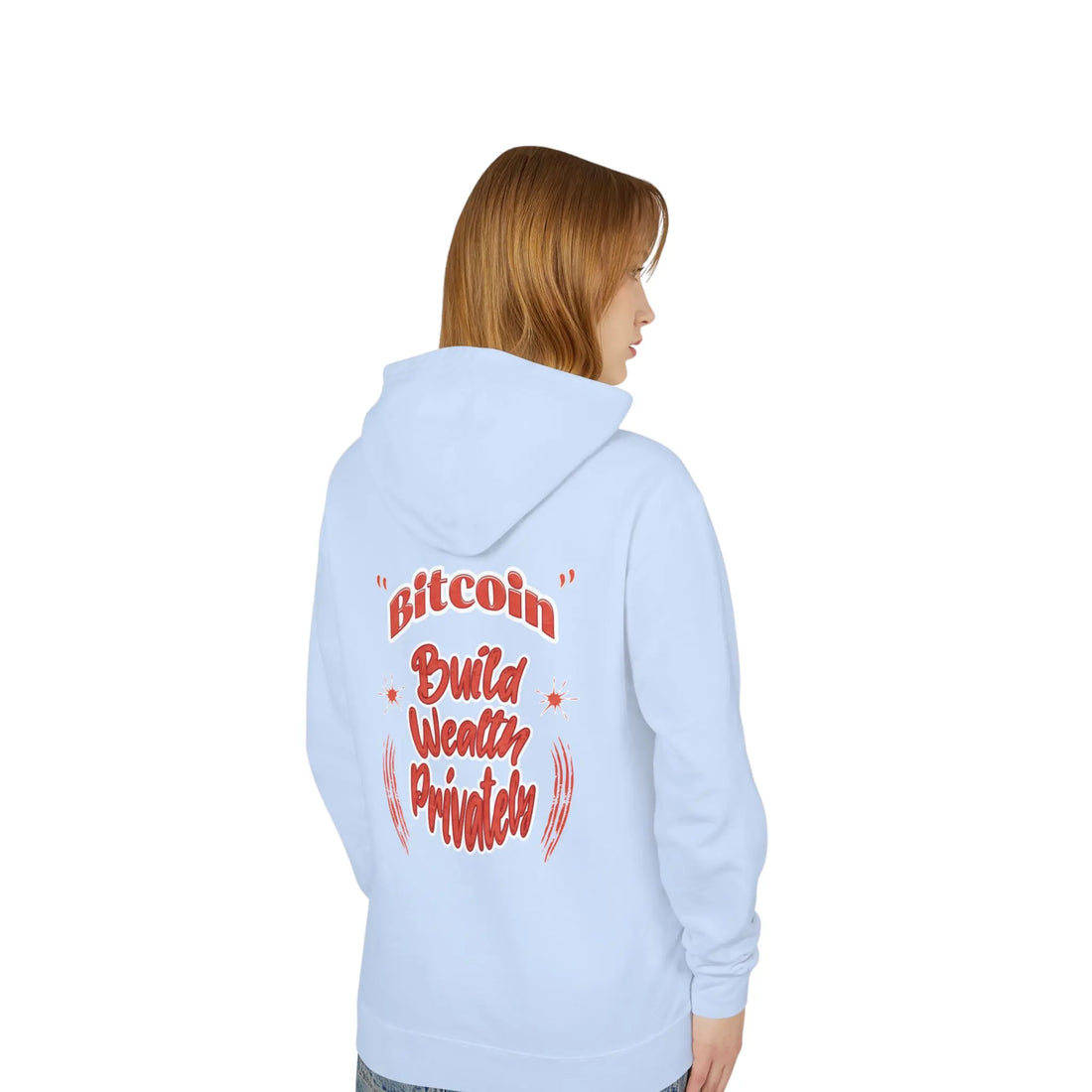 Bitcoin Build Wealth Privately Unisex Hoodie - Hydrangea - Comfort Colors 1467 Model Back View - Bitcoin Gear