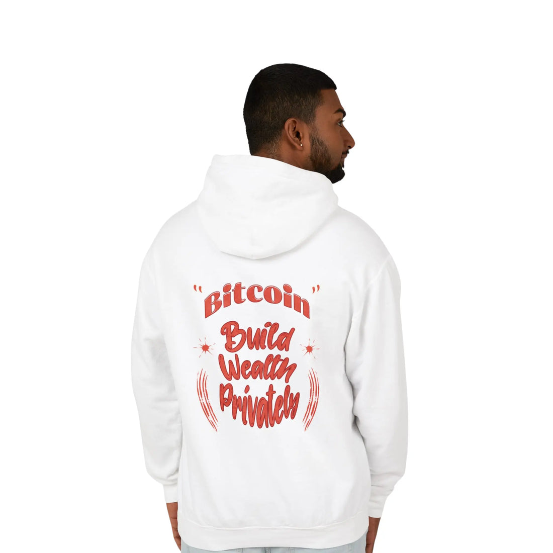 Bitcoin Build Wealth Privately Unisex Hoodie - White - Comfort Colors 1467 Model Back View - Modern Bitcoin Wear