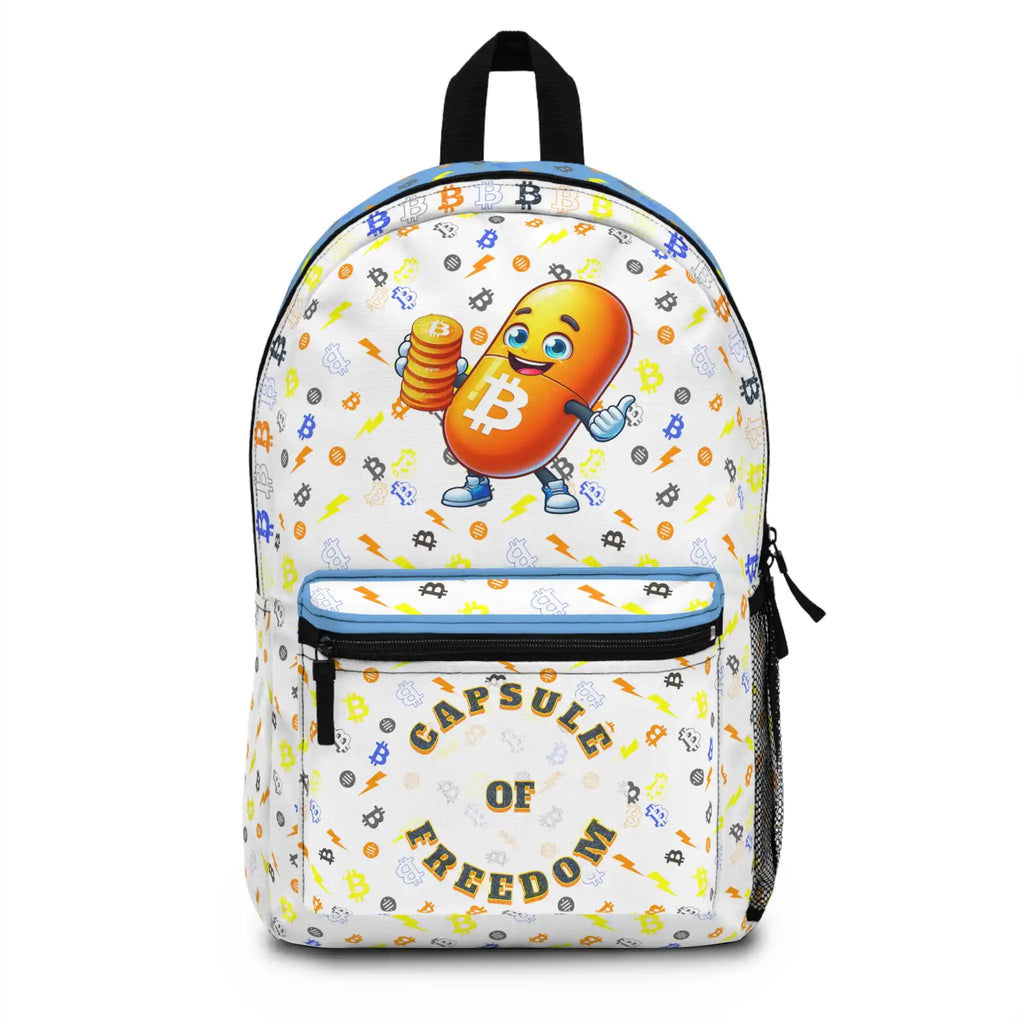 Front view of the black Bitcoin Capsule of Freedom Backpack. Assembled in USA. Bitcoin Merch.