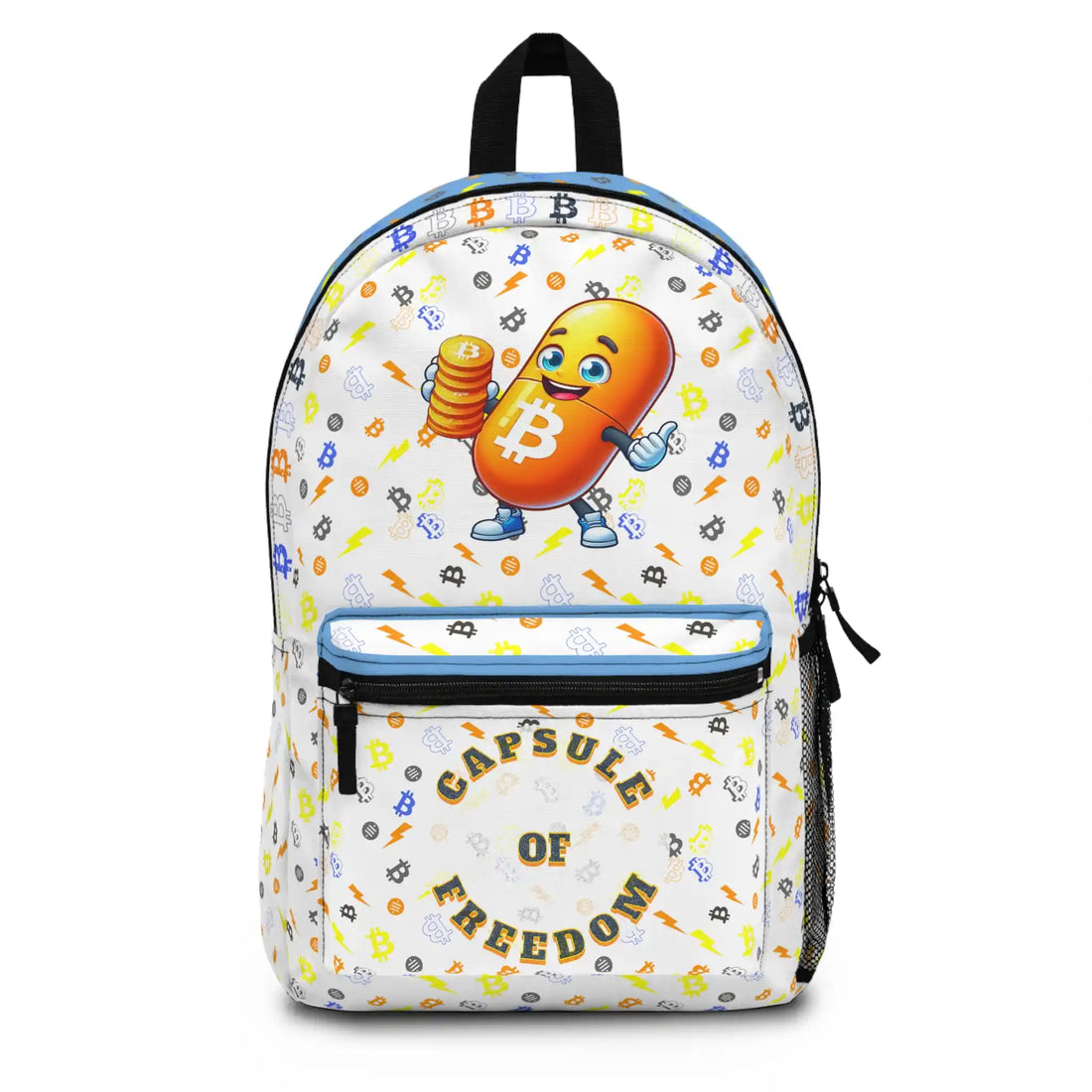 Front view of the black Bitcoin Capsule of Freedom Backpack. Assembled in USA. Bitcoin Merch.