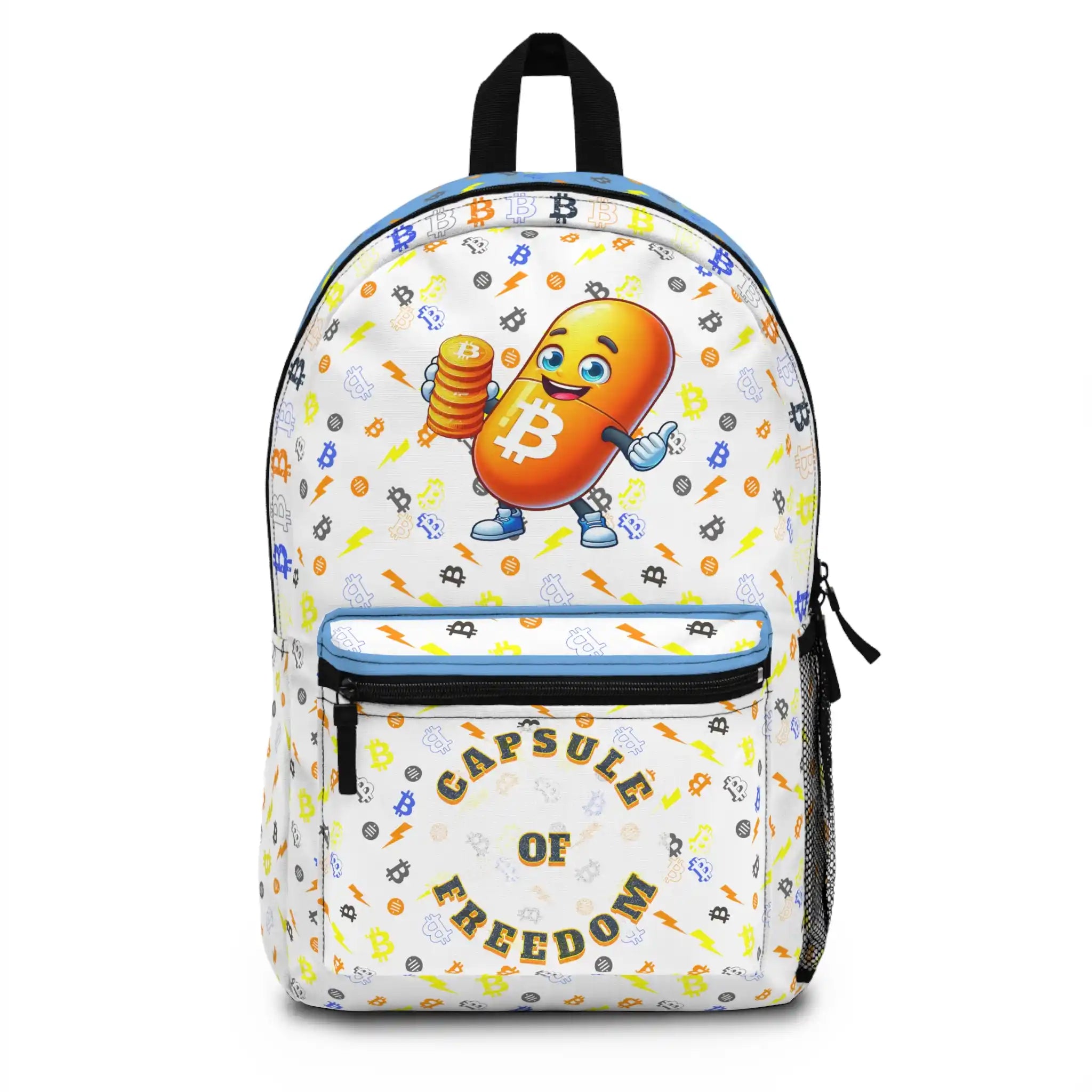 Front view of the black Bitcoin Capsule of Freedom Backpack. Assembled in USA. Bitcoin Merch.