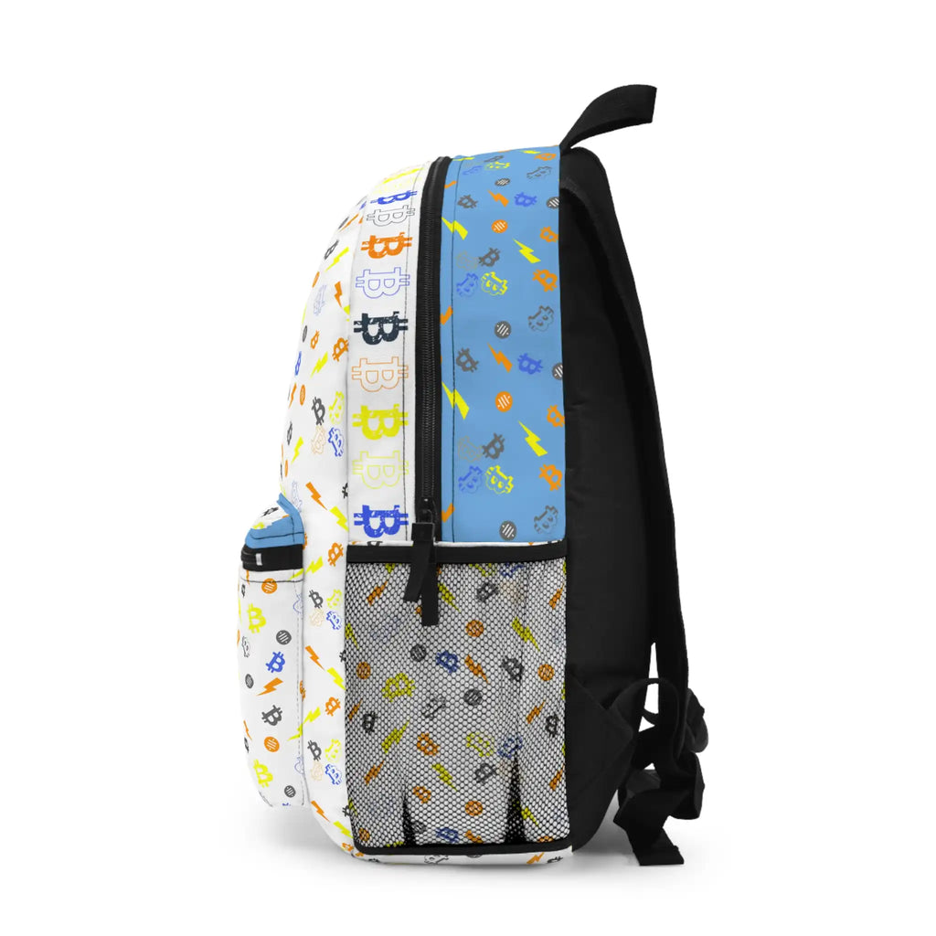 Left side view of the black Bitcoin Capsule of Freedom Backpack showing side profiles. Assembled in USA. Bitcoin Merch.