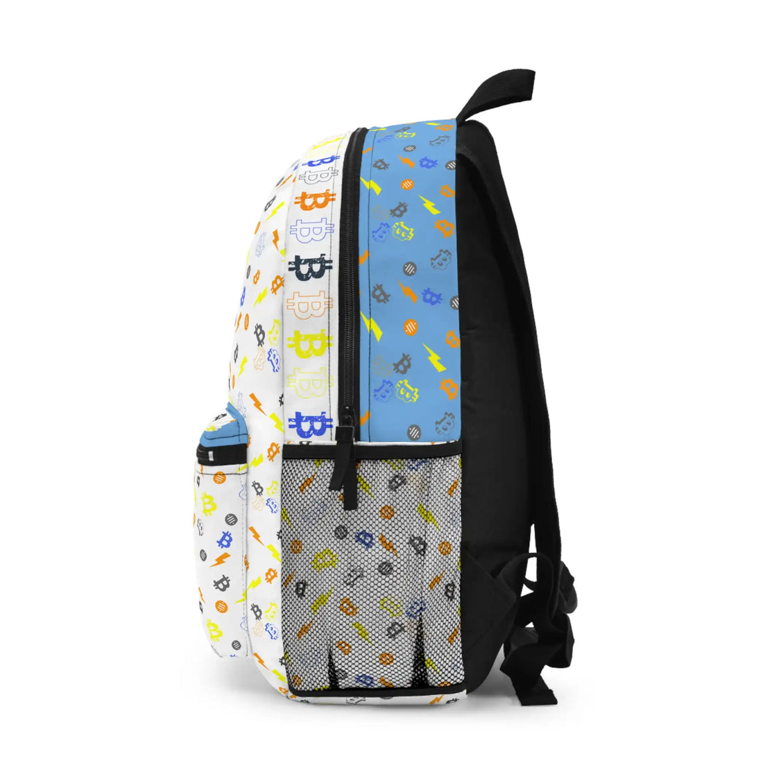 Left side view of the black Bitcoin Capsule of Freedom Backpack showing side profiles. Assembled in USA. Bitcoin Merch.