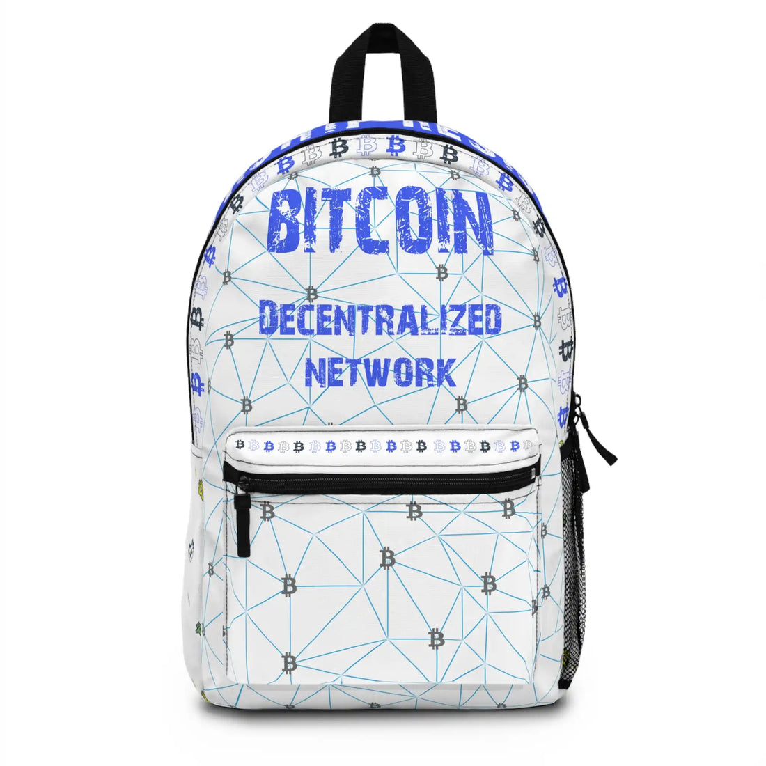Front view of the Bitcoin Decentralized Network backpack, illustrating peer-to-peer education. Assembled in USA. Bitcoin Merch.