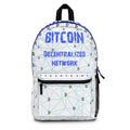 Front view of the Bitcoin Decentralized Network backpack, illustrating peer-to-peer education. Assembled in USA. Bitcoin Merch.