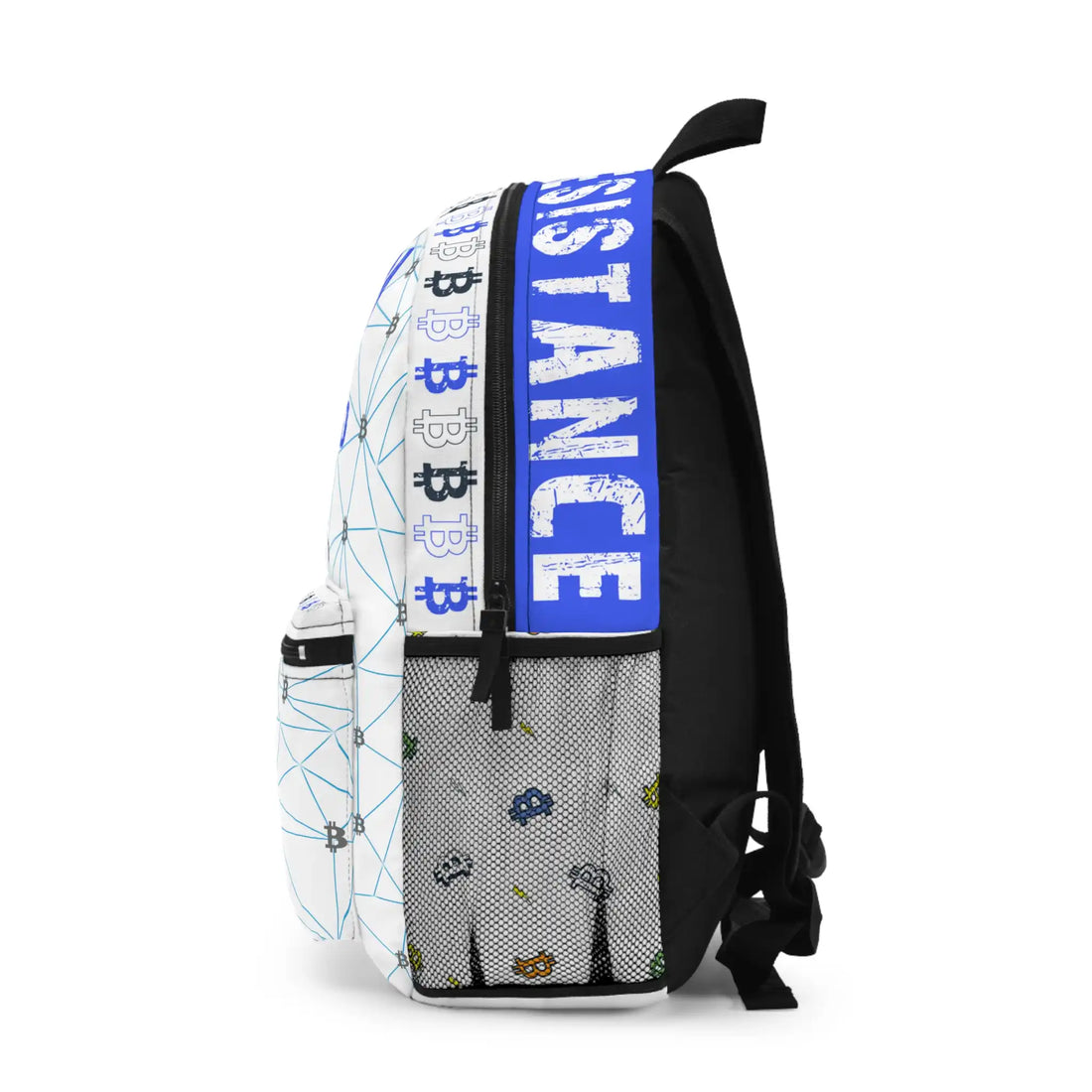 Left angle of the Decentralized Network backpack, carrying the message of financial sovereignty. Assembled in USA.