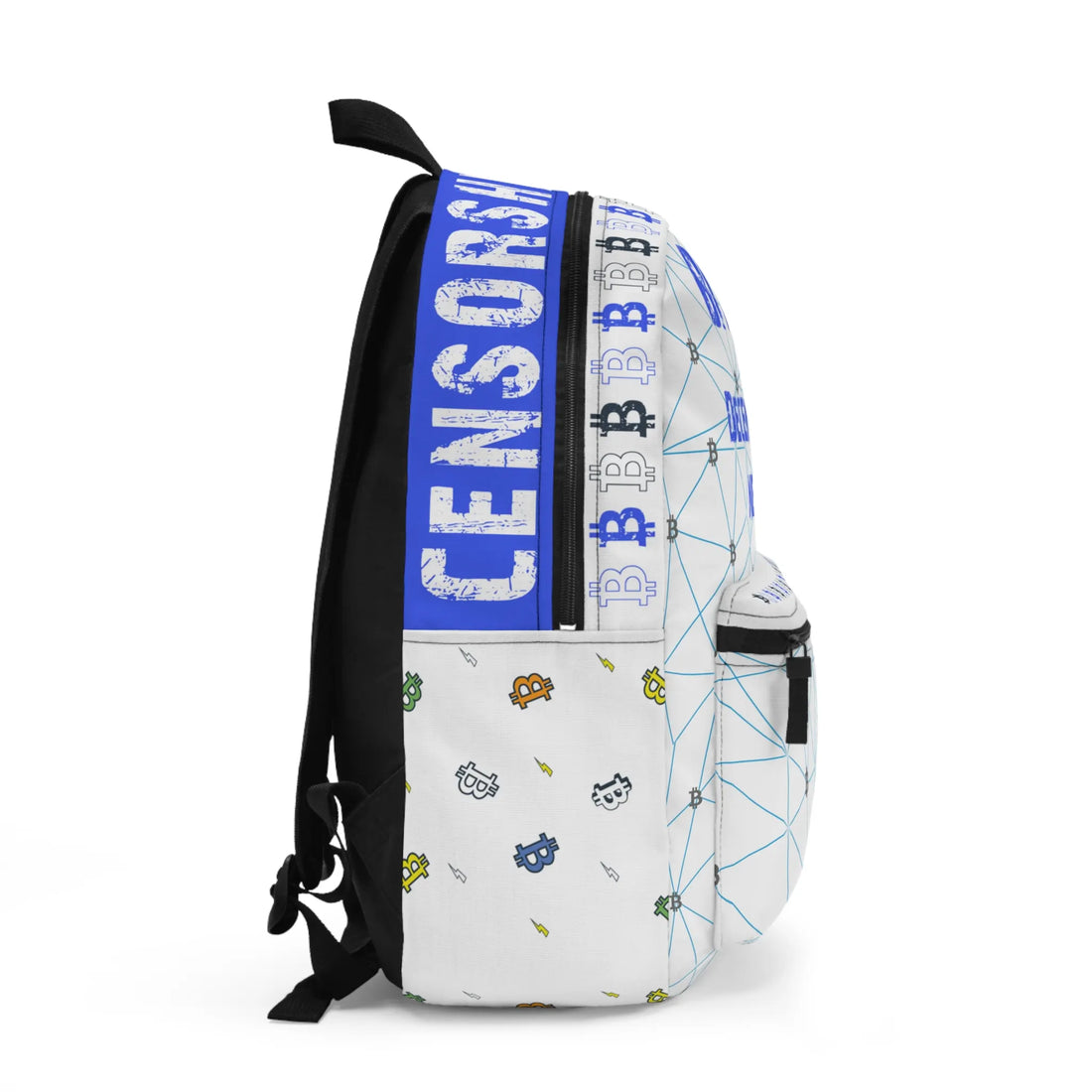 Right profile of the Decentralized Network backpack with a mesh pocket, built for node runners. Assembled in USA.