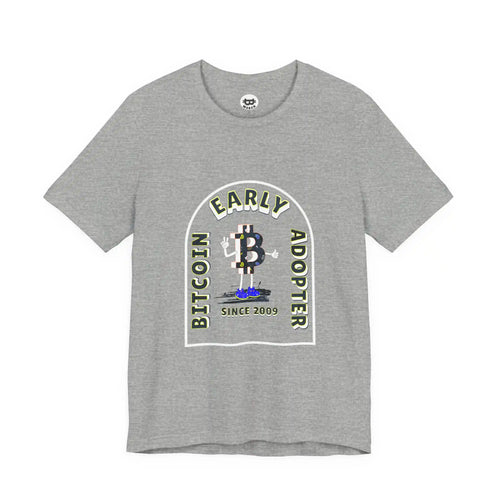 Flat front view of the athletic heather Early Adopter Since 2009 t-shirt, a Bella Canvas 3001 staple for true OGs.