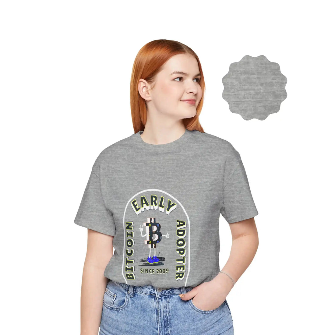 Front view of a model in the athletic heather Bitcoin Early Adopter Since 2009 t-shirt. Premium maximalist apparel.