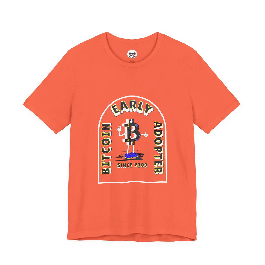 Flat lay of the coral Bitcoin Early Adopter Since 2009 t-shirt, featuring the soft Bella Canvas 3001 fabric.