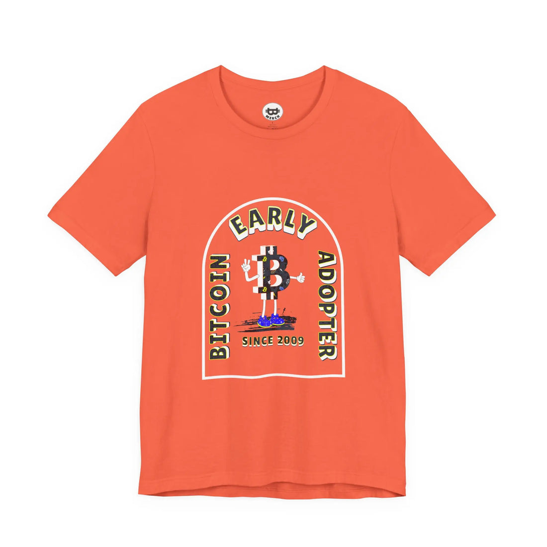 Flat lay of the coral Bitcoin Early Adopter Since 2009 t-shirt, featuring the soft Bella Canvas 3001 fabric.
