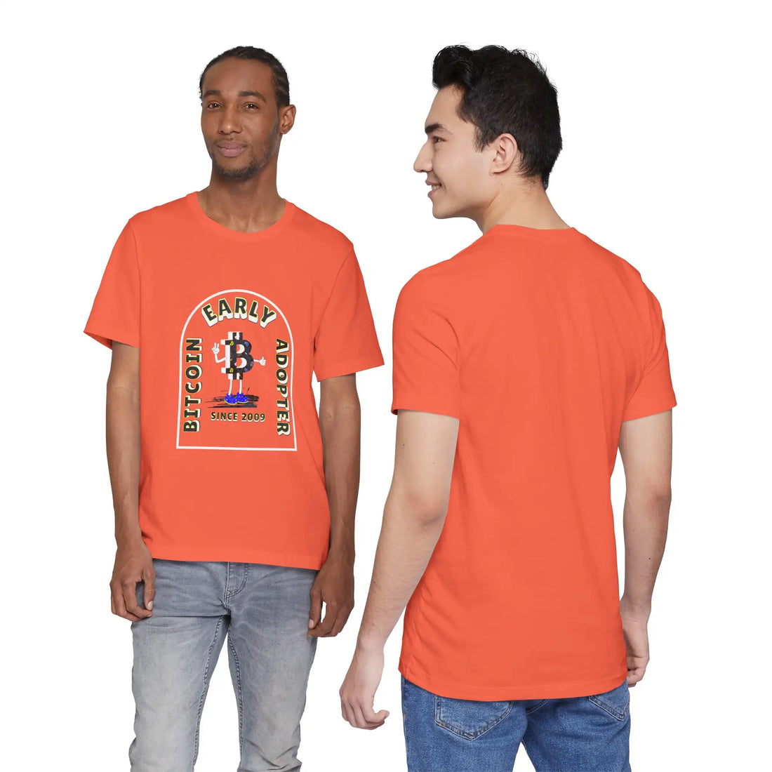 Front view of two models wearing coral Bitcoin Early Adopter Since 2009 t-shirts. Celebrating the genesis block together.