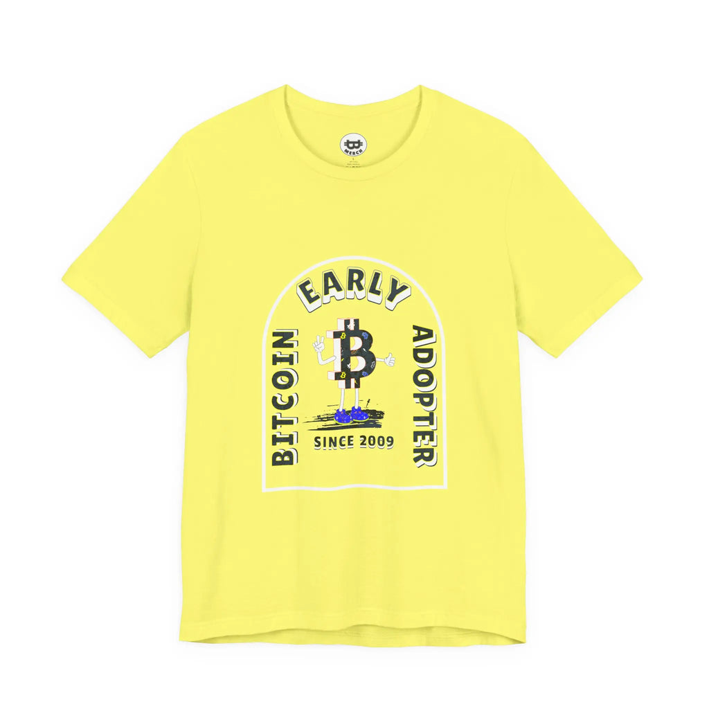 Flat lay of the yellow Bitcoin Early Adopter Since 2009 t-shirt, showing the Bella Canvas 3001 build and classic design.