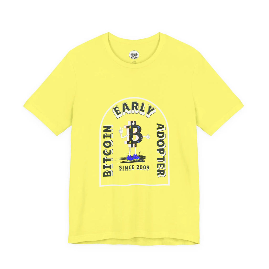 Flat lay of the yellow Bitcoin Early Adopter Since 2009 t-shirt, showing the Bella Canvas 3001 build and classic design.