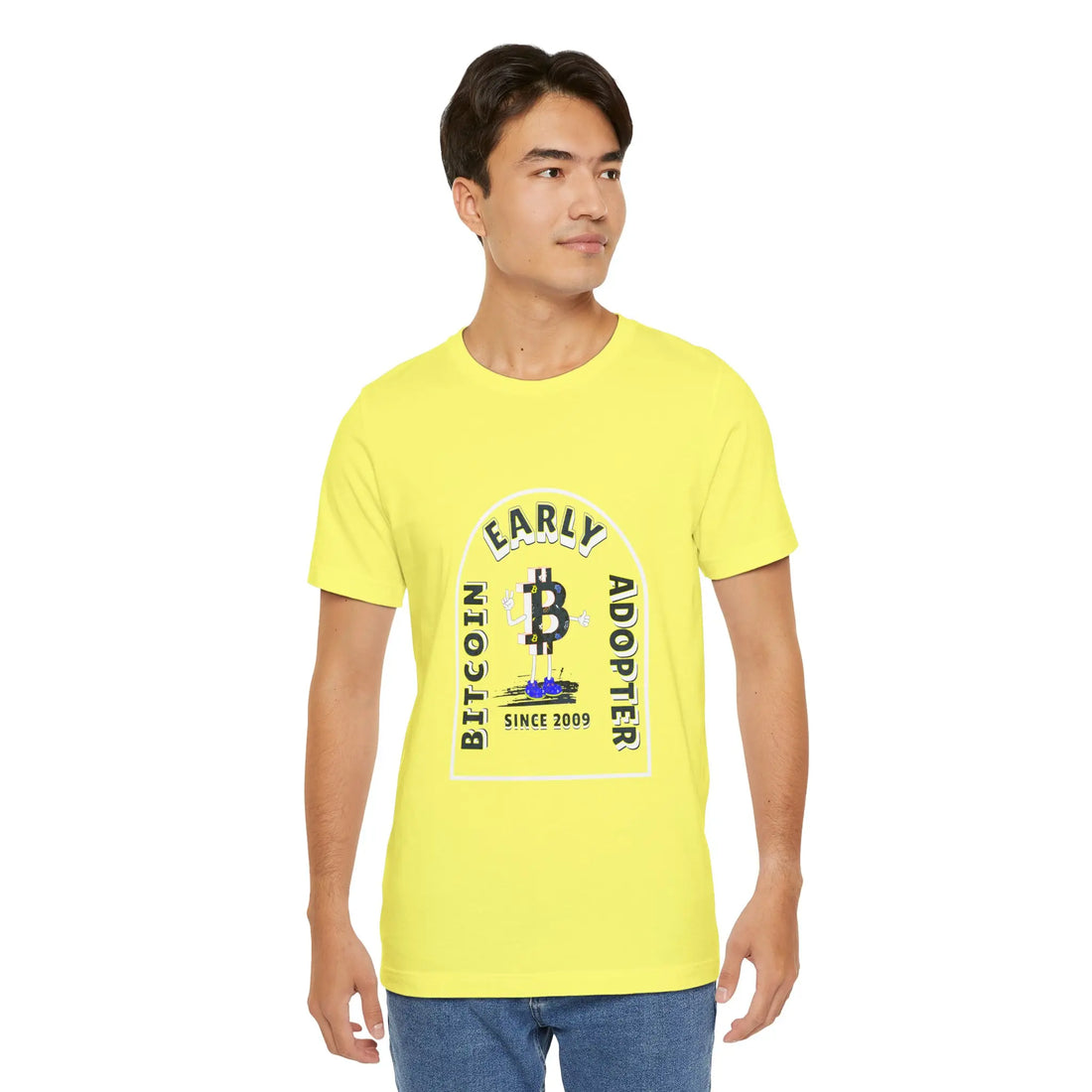 Front view of a model in the yellow Bitcoin Early Adopter Since 2009 t-shirt, honoring the origins of sound money.