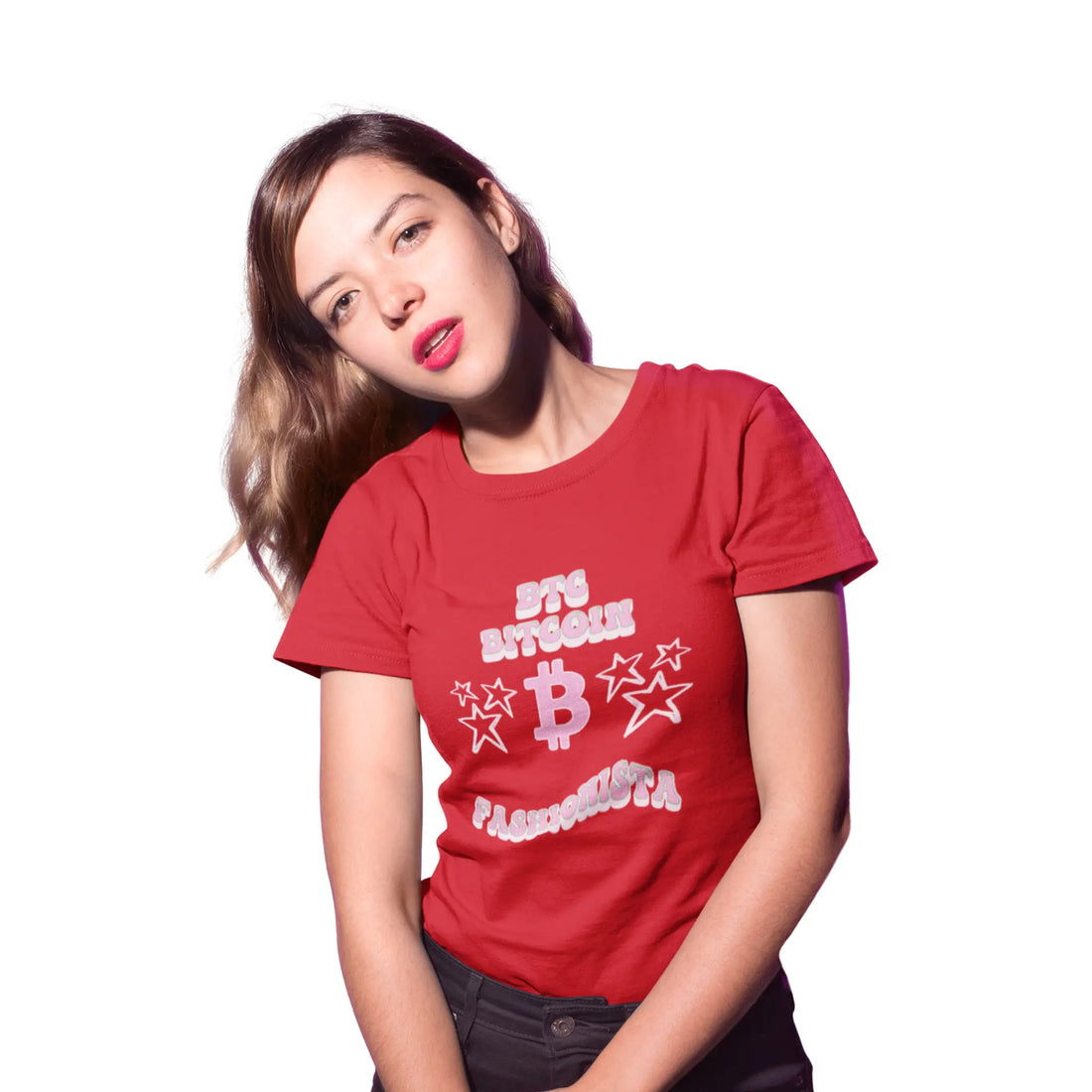 Bitcoin Fashionista Womens Tee - Red - Bella Canvas 6004 Slim Fit Model Front - Modern Bitcoin Wear
