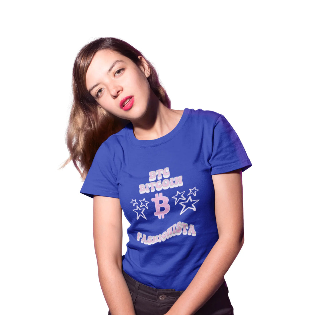 Bitcoin Fashionista Womens Tee - True Royal - Bella Canvas 6004 Slim Fit Model Front - Sovereign Bitcoin Gear