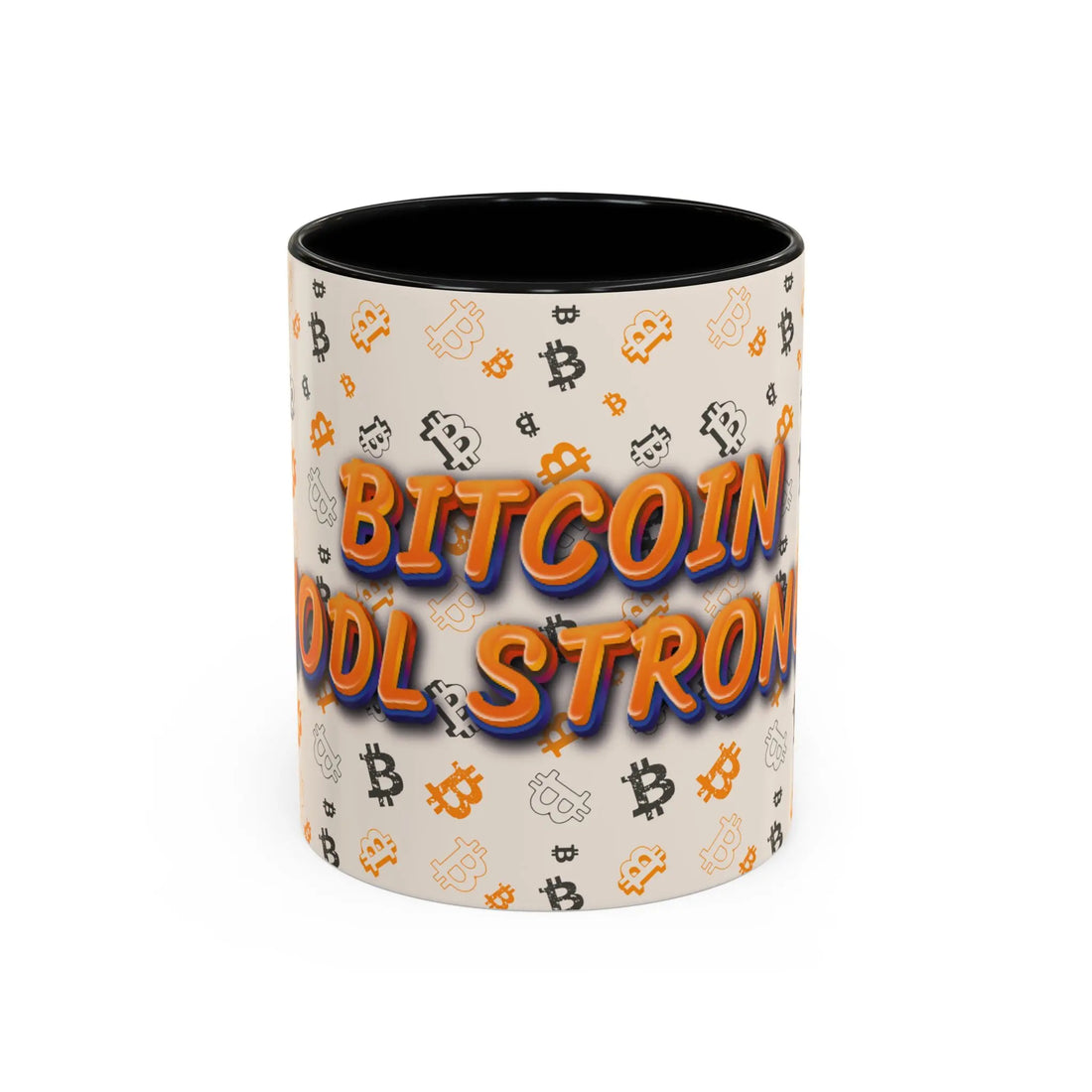 Front view of the 11oz black Bitcoin HODL Strong Accent coffee mug. Perfect for low time preference mornings. bitcoinmerch.