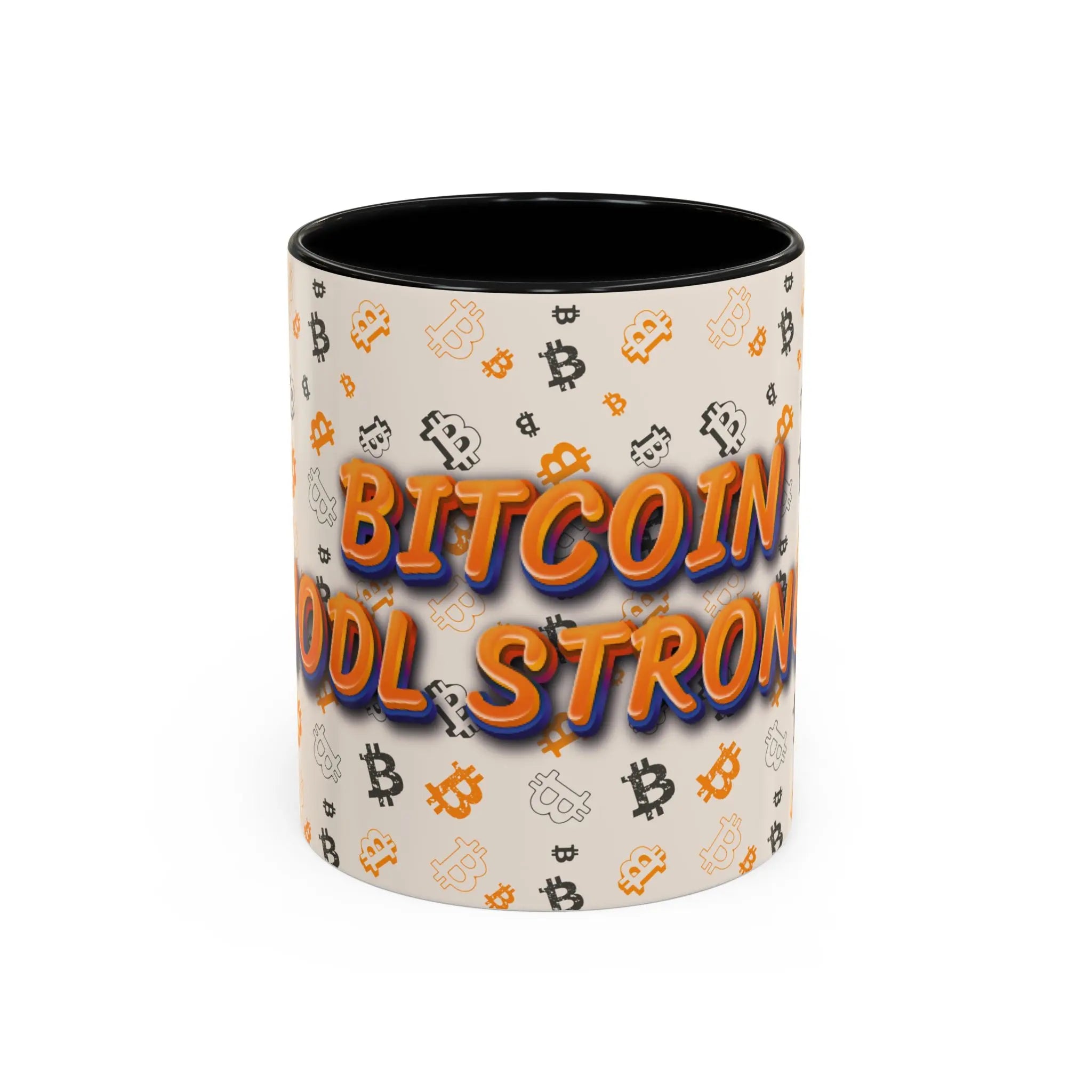 Front view of the 11oz black Bitcoin HODL Strong Accent coffee mug. Perfect for low time preference mornings. bitcoinmerch.