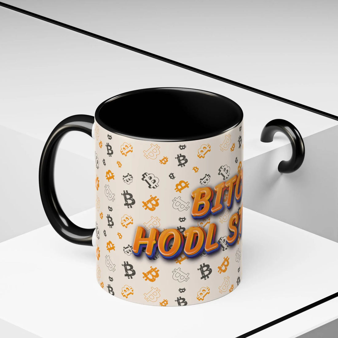 Side view of the 11oz black HODL Strong Accent mug, reminding you to stay humble and stack sats daily.
