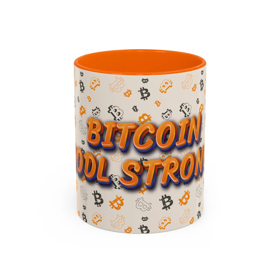 Front view of the 11oz orange Bitcoin HODL Strong Accent coffee mug. A bright reminder of financial sovereignty. bitcoinmerch.