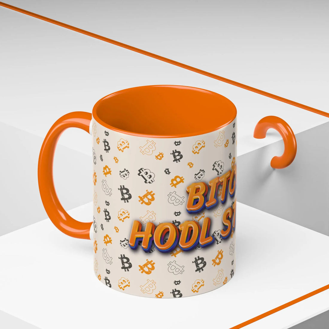 Side view of the 11oz orange HODL Strong Accent mug, displaying the core self-custody message for everyday advocates.