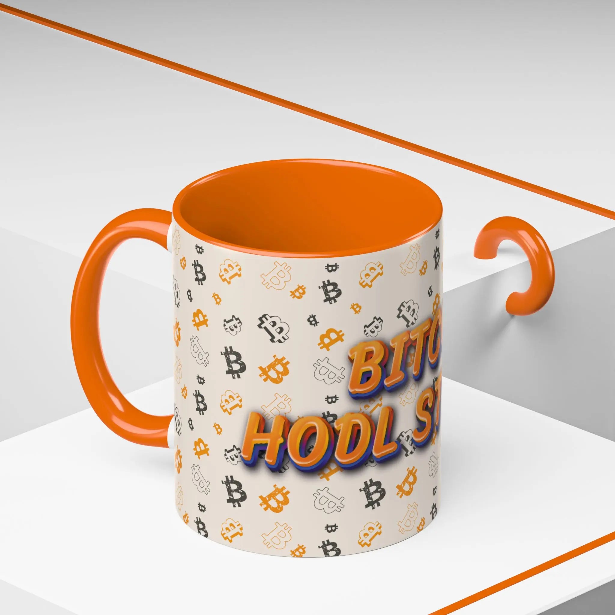 Side view of the 11oz orange HODL Strong Accent mug, displaying the core self-custody message for everyday advocates.