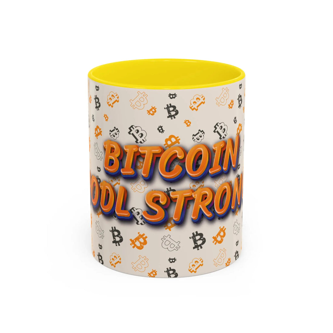 Front view of the 11oz yellow Bitcoin HODL Strong Accent coffee mug. Start the day with a solid proof of work mindset. bitcoinmerch.