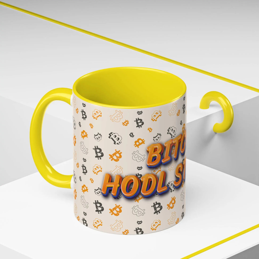 Side view of the 11oz yellow HODL Strong Accent mug, highlighting the vibrant inside and the unyielding hold mentality.