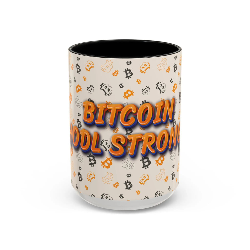 Front view of the 15oz black Bitcoin HODL Strong Accent mug promoting a long-term mindset for true believers. bitcoinmerch.