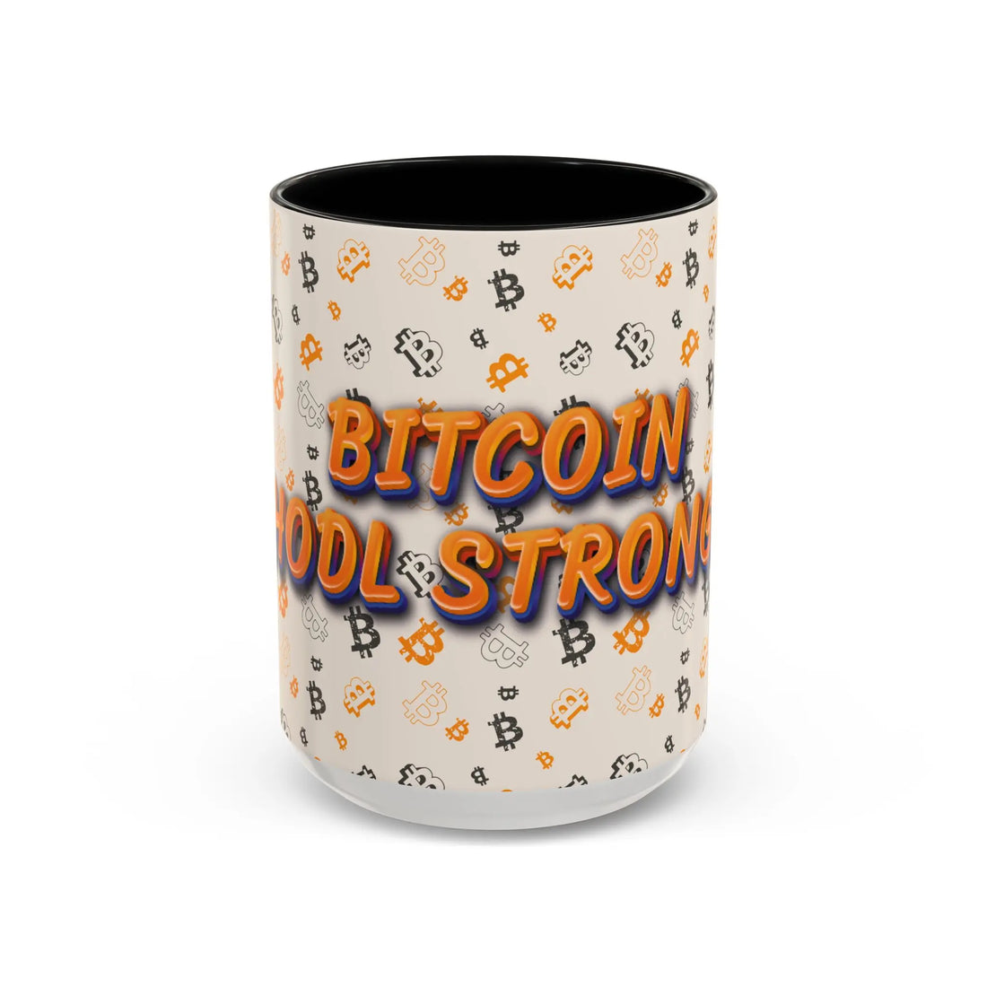 Front view of the 15oz black Bitcoin HODL Strong Accent mug promoting a long-term mindset for true believers. bitcoinmerch.