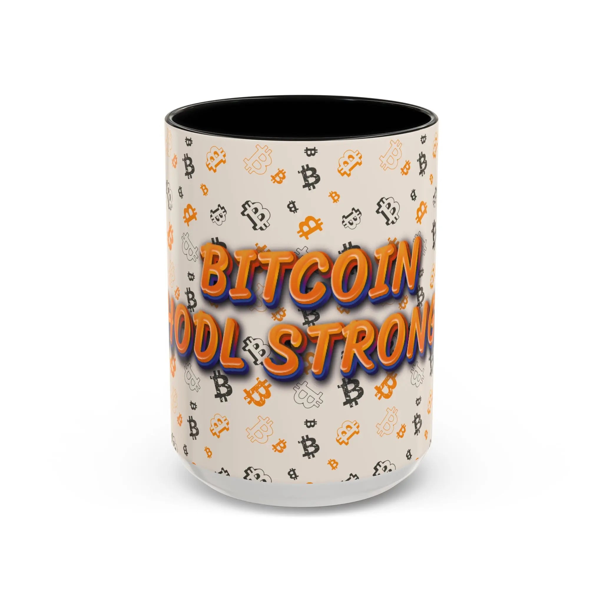 Front view of the 15oz black Bitcoin HODL Strong Accent mug promoting a long-term mindset for true believers. bitcoinmerch.