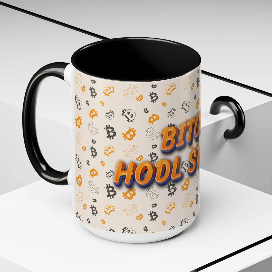 Side profile of the 15oz black HODL Strong Accent mug, displaying the ultimate message of resilience for Bitcoiners.