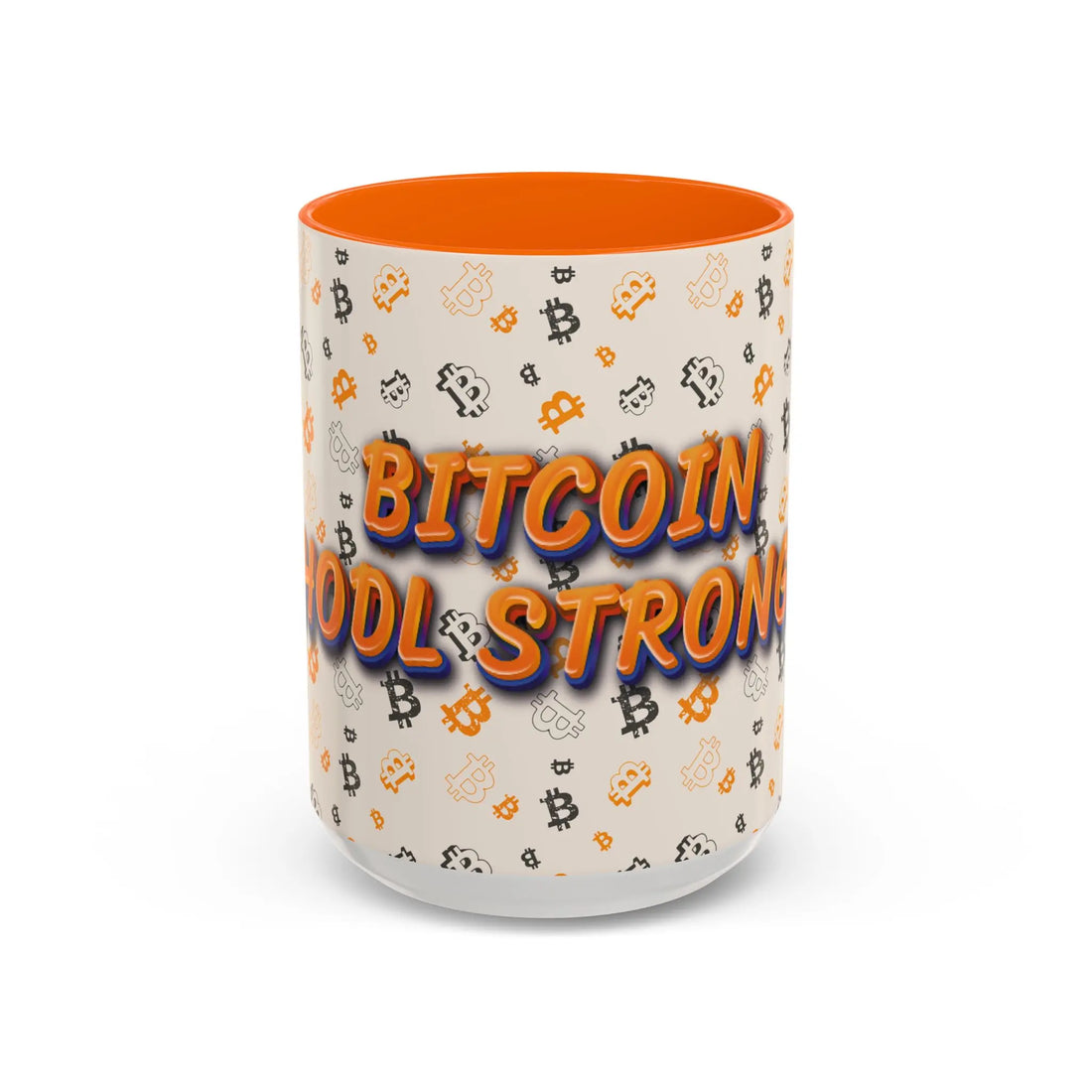Front view of the large 15oz orange Bitcoin HODL Strong Accent mug, designed to spark peer-to-peer education. bitcoinmerch.