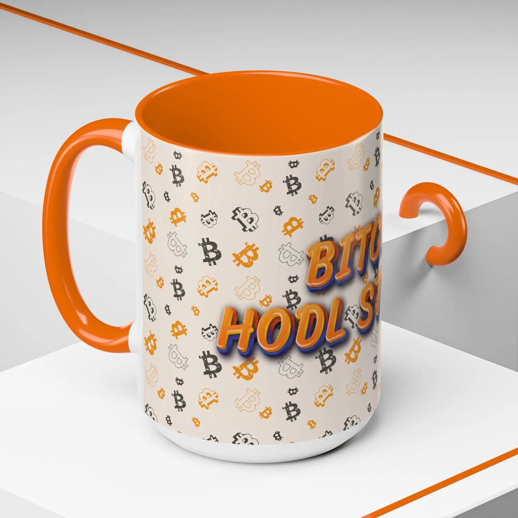Side profile of the 15oz orange HODL Strong Accent mug, showcasing the ultimate hold message in classic network colors.
