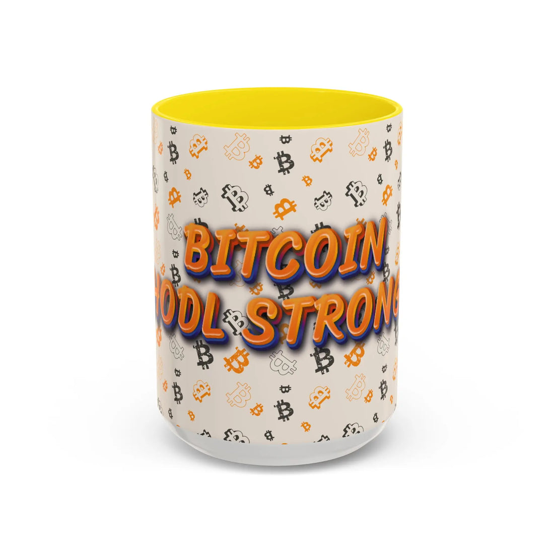 Front view of the 15oz yellow Bitcoin HODL Strong Accent mug to fuel your node running and block verifying sessions. bitcoinmerch.