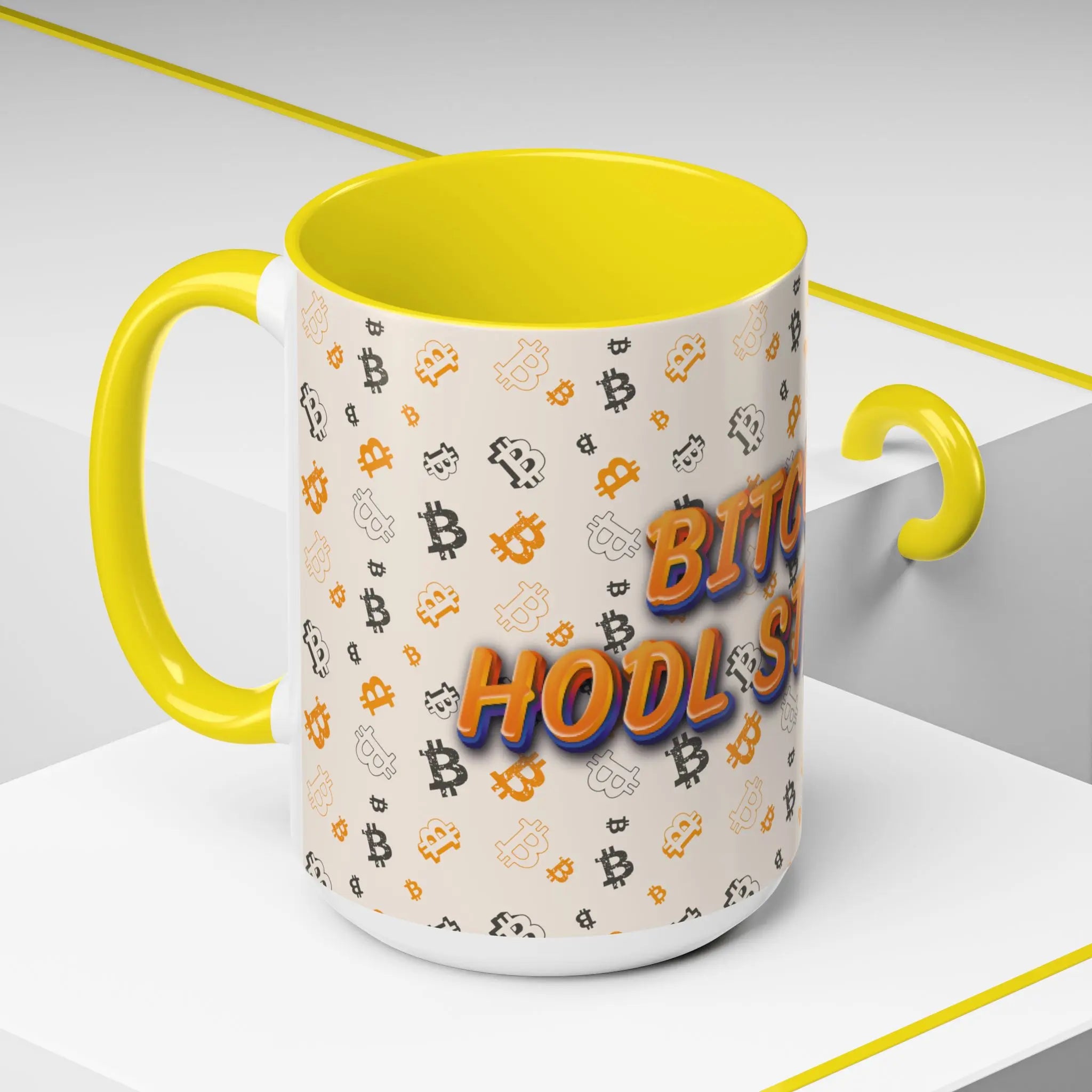 Side profile of the 15oz yellow HODL Strong Accent mug, carrying the message of true financial independence.